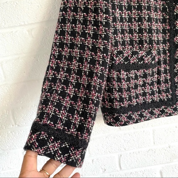 VINTAGE Tweed Structured Blazer Cropped Jacket Black Pink Size 8P - Picture 10 of 13